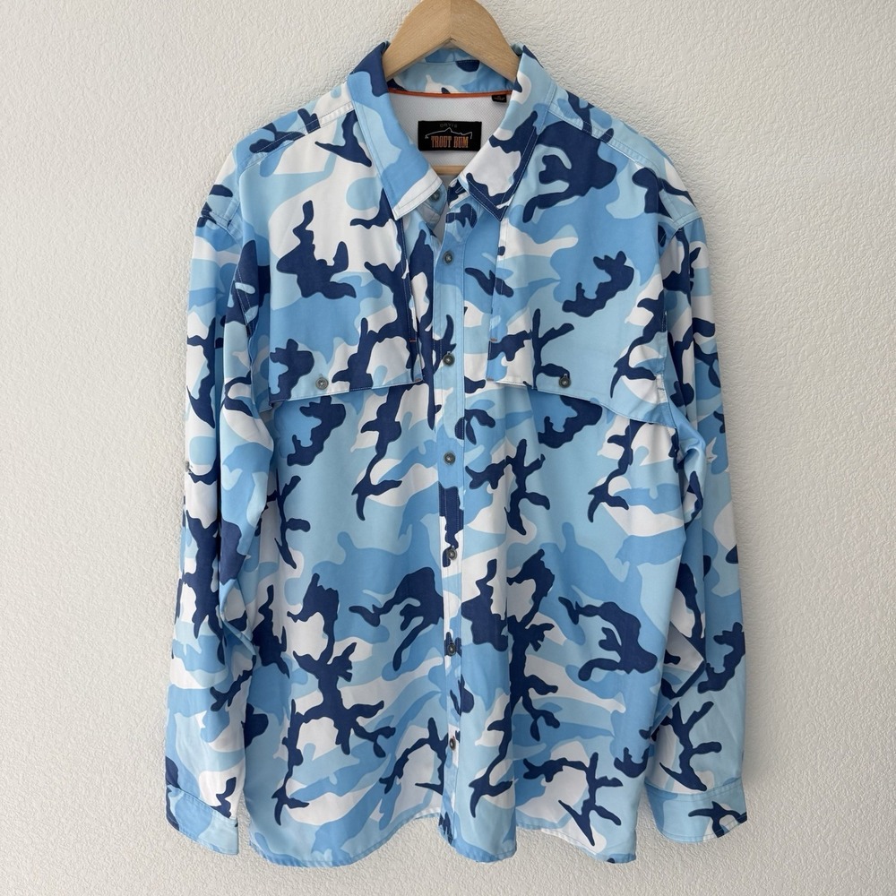 Orvis Mens Trout Bum Camo Vented Shirt XL Blue Fishing Angler Lightweight Button